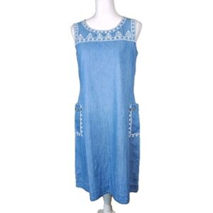 Ateesa Chambray A-Line Dress Women Medium Blue Cotton Pockets Embroidered Casual